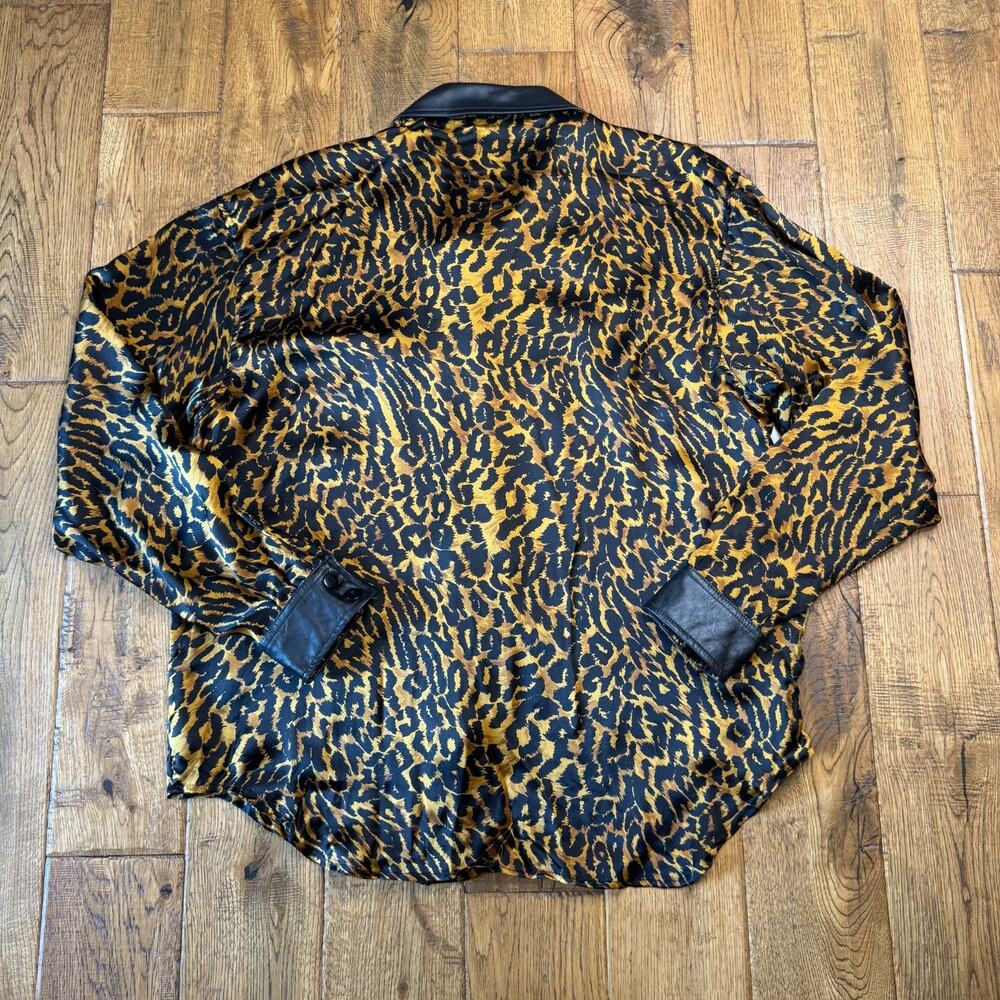 VTG Braefair 100% Silk Leopard Print Blouse Leather Trim Long Sleeves Womens 16 - Picture 5 of 5